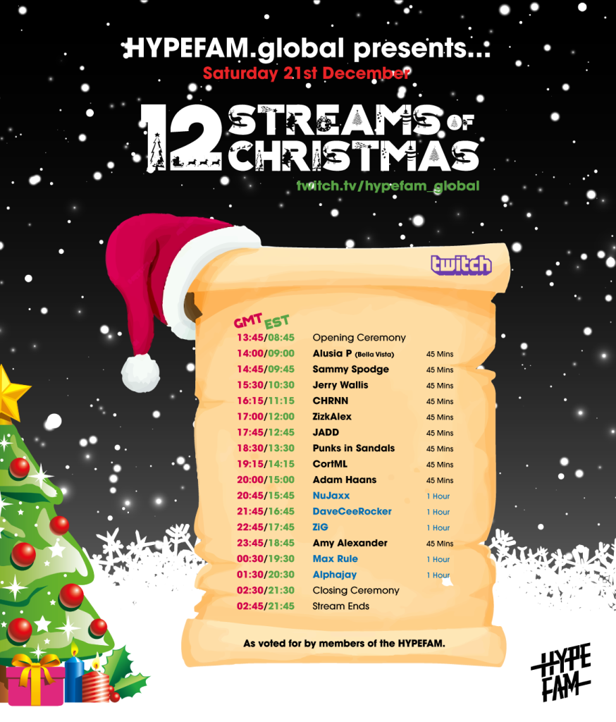 An image dictating the set durations and timings for each streamer selected to play on the 12 Streams of Christmas following community voting results.